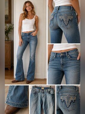 Y2K ANTIK Denim | Authentic Fit & Flare Embroidered Blue Jeans Women’s Sz 29